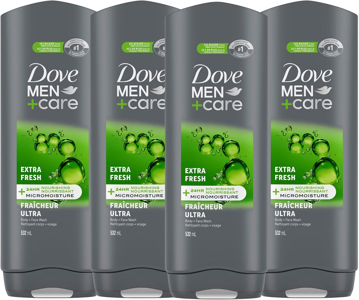 Dove Men+Care Body & Face Wash Extra Fresh 24H Freshness, 532mL, 4-Pack