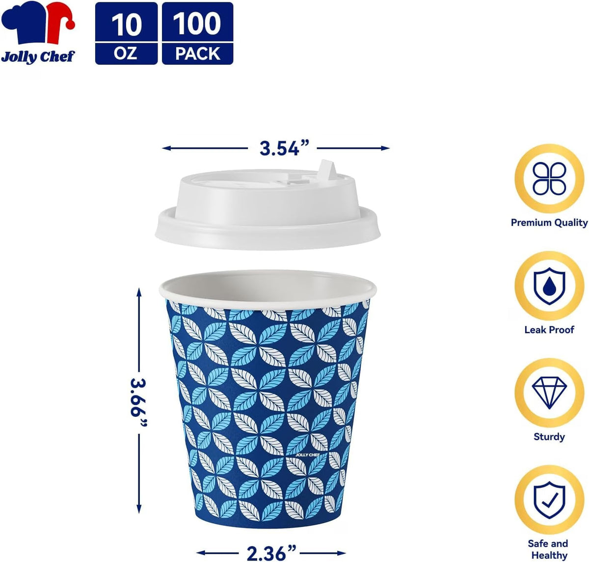 JOLLY CHEF 100 Pack 10oz Paper Coffee Cups Disposable Hot & Iced Cups