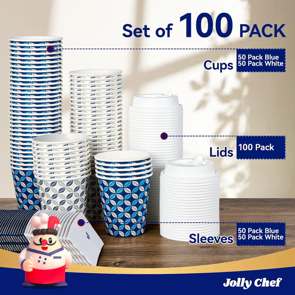 JOLLY CHEF 100 Pack 10oz Paper Coffee Cups Disposable Hot & Iced Cups